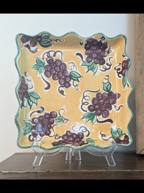 Fioriware Art Pottery Scalloped Square Tray Hand Painted Grapevine